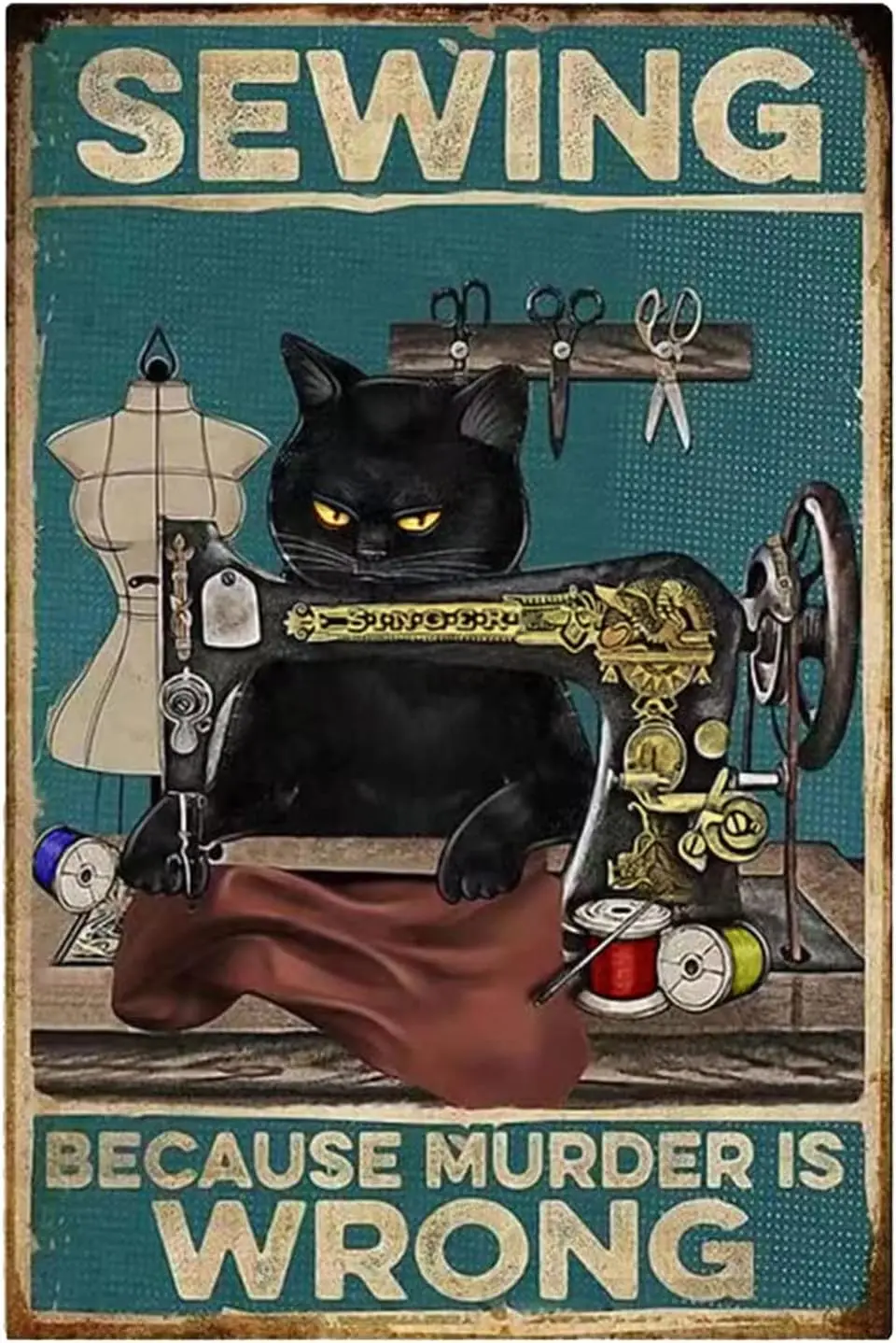 Забавный декор Wll Blck Ct Metl Tn Sgn-Ct Ktty Sewng Bece Murder s Wrong -Vntge Decor Sgn for Home Room