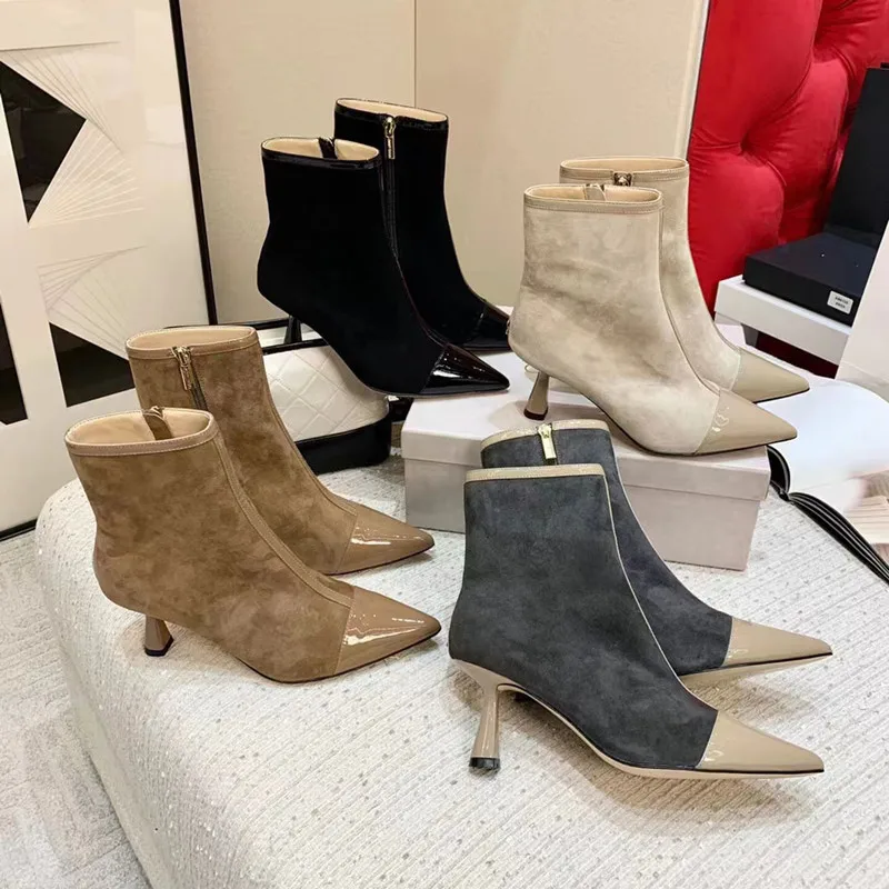 

MKKHOU Fashion Short Boots Women New High Quality Frosted Pointed Panel Side Zipper High Heel Boots Everyday Four Seasons Boots