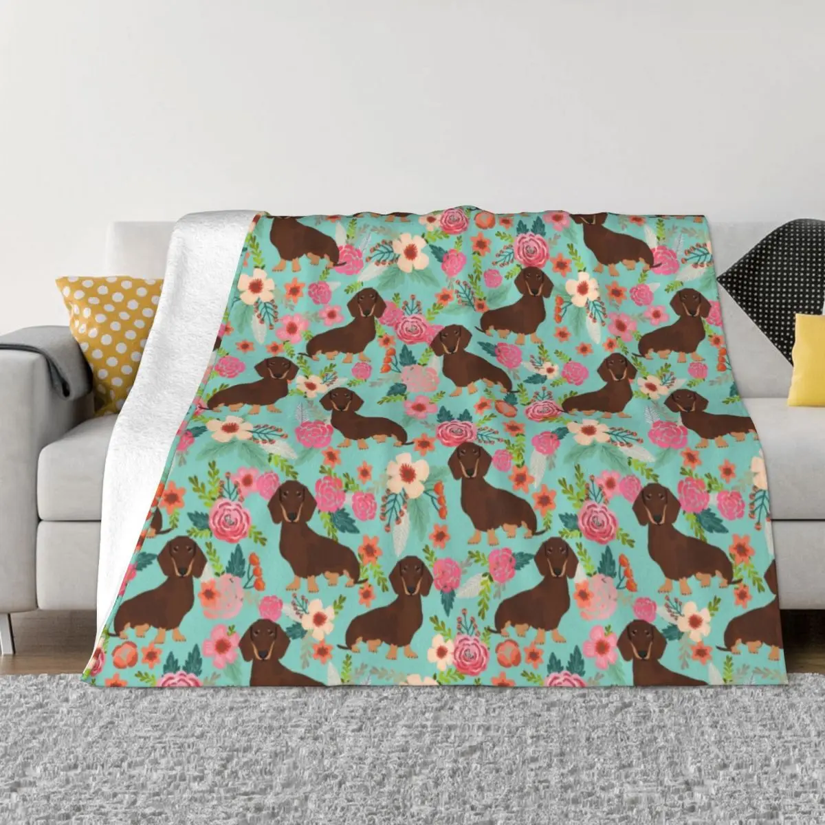 

Doxie Florals Dachshund Blanket Soft Fleece Autumn Warm Flannel Badger Sausage Dog Throw Blankets for Sofa Car Bed Bedspread