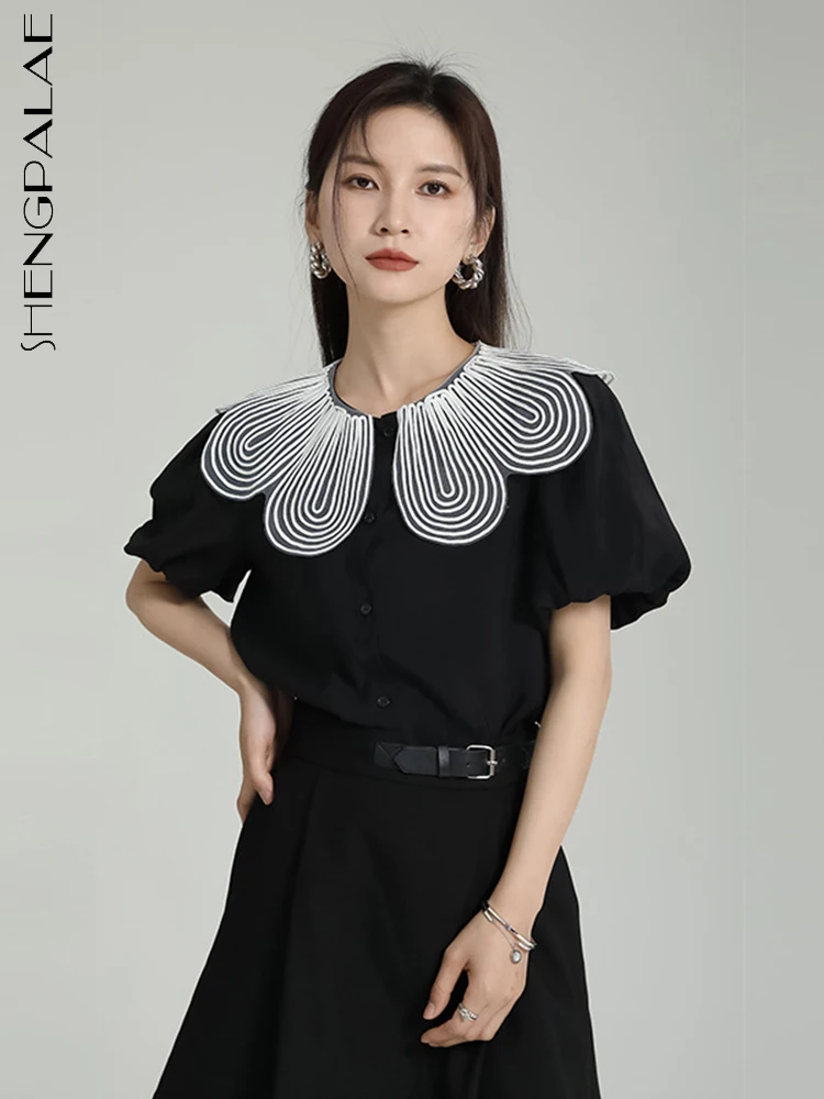

SHENGPALAE Elegant Chic Lace Bubble Sleeve Shirt Female Personality Short Sleeve Shirt Women's 2023 Summer New Clothing 5R3157