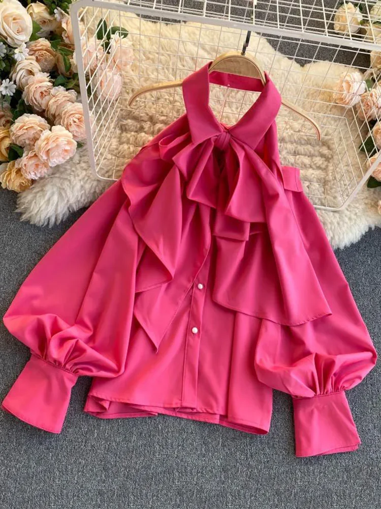 Блузка женская демисезонная с лямкой на шее и бантом