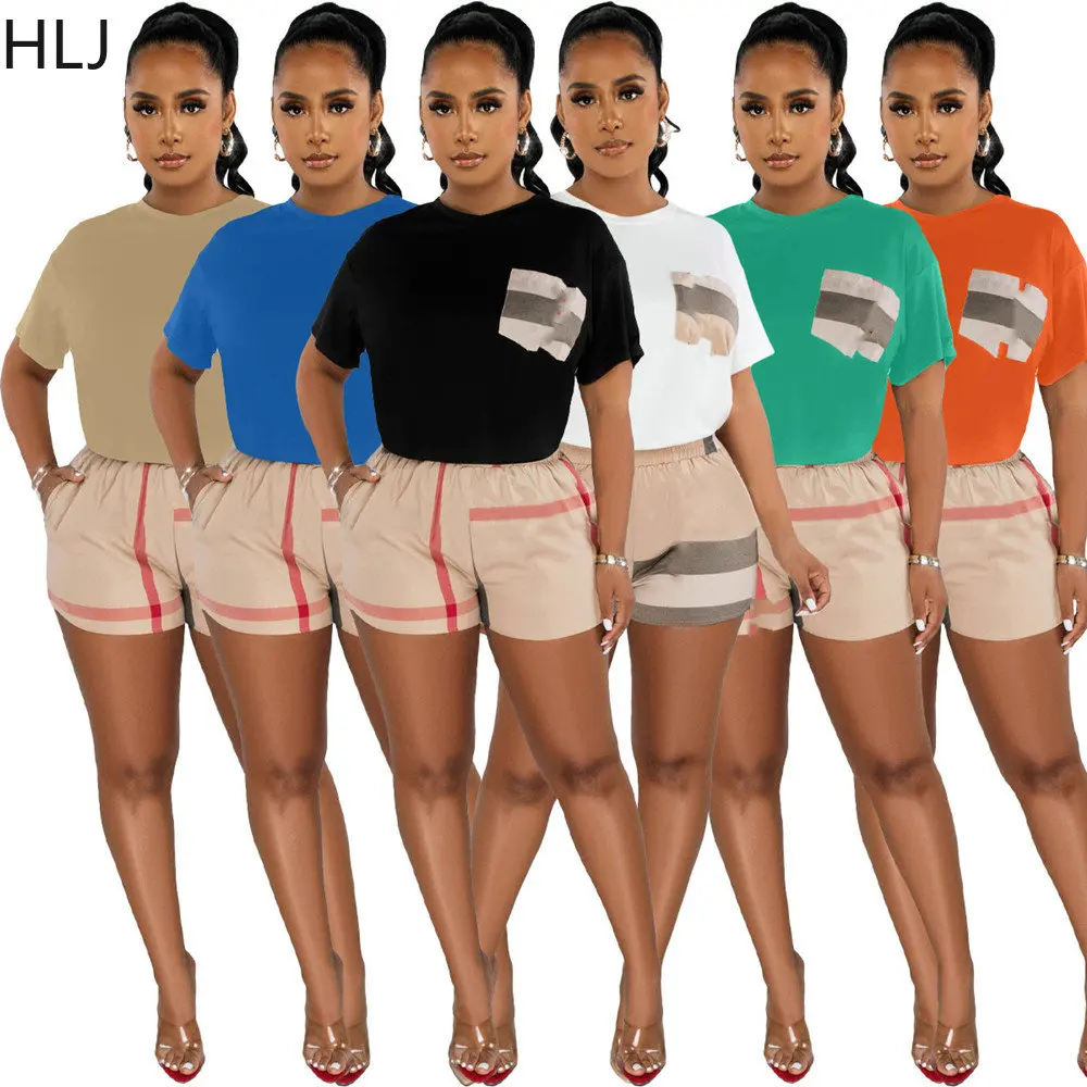 

HLJ Casual Plaid Printing Round Neck Tshirt + Shorts Two Piece Sets Summer Sport Matching Outfits Fashion Pocket 2pcs Tracksuits