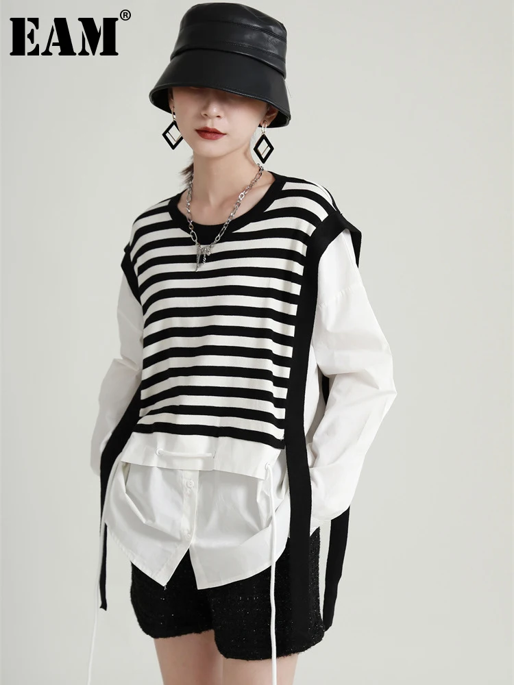 

[EAM] Women Black Big Size Striped Knitting Blouse New Round Neck Long Sleeve Loose Fit Shirt Fashion Spring Autumn 2022 1DE6141