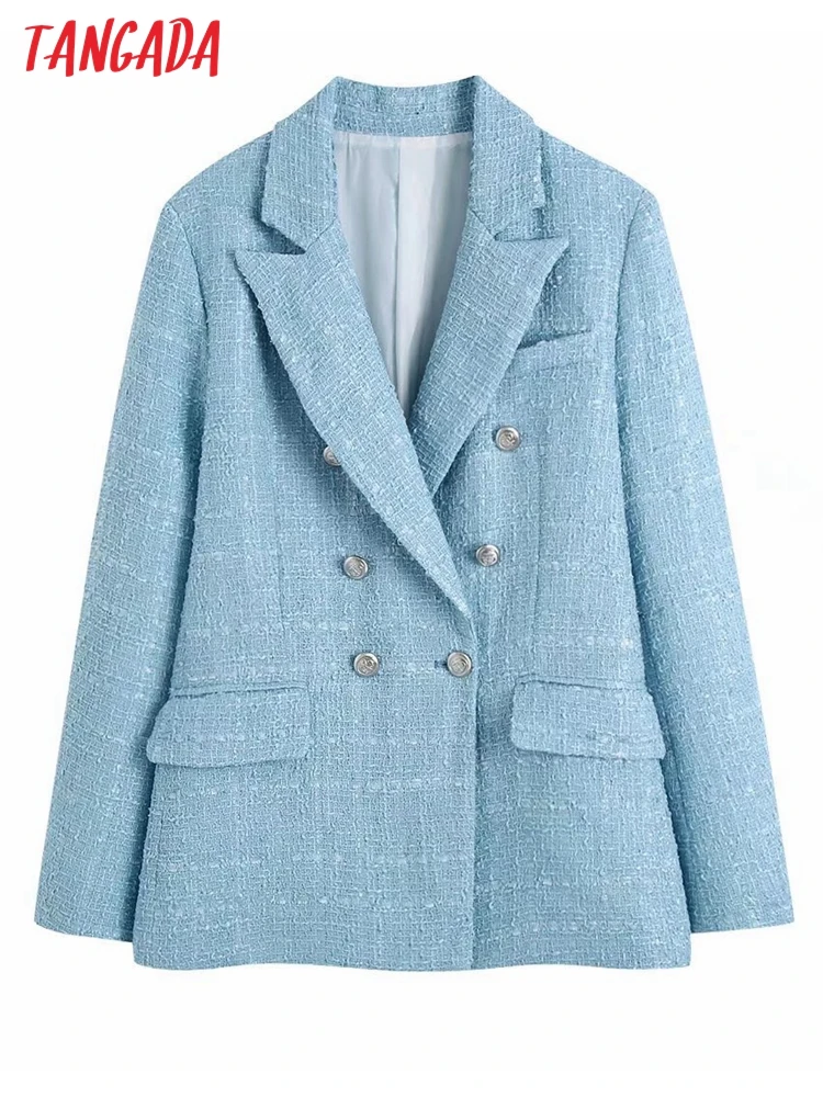

Tangada Women 2022 Fashion Tweed Double Breasted Loose Blazer Coat Vintage Long Sleeve Female Outerwear BE308