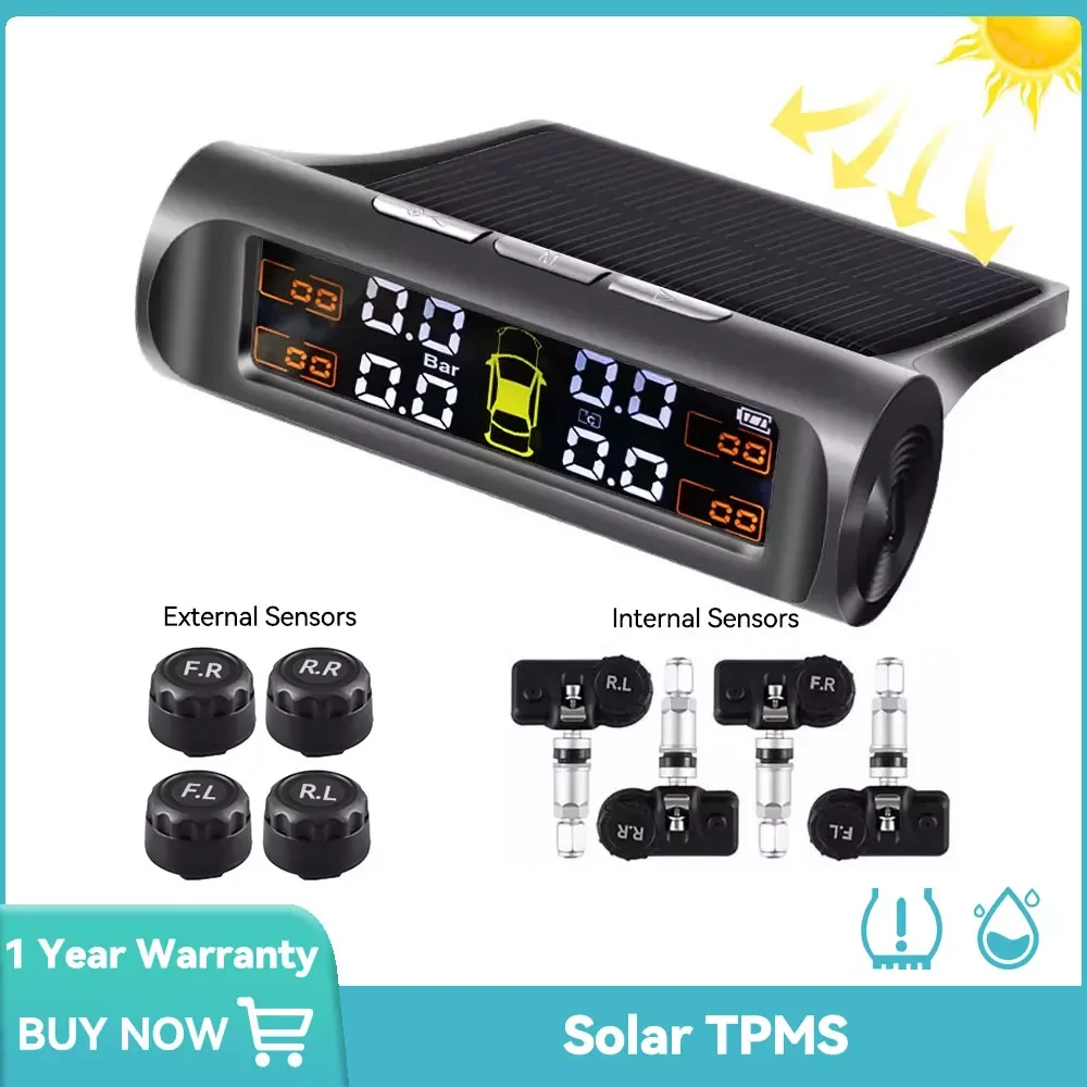 

Solar TPMS Tire Pressure Sensor Car Tire Pressure Monitoring System with 4 Wheel Internal External Sensors TMPS