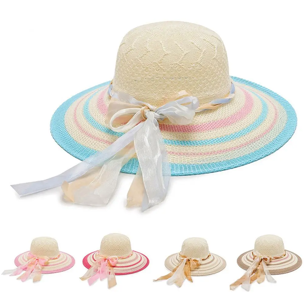 

Women Anti UV Bucket Bow Straw Hat Beach Hat Wide Brim Sun Cap