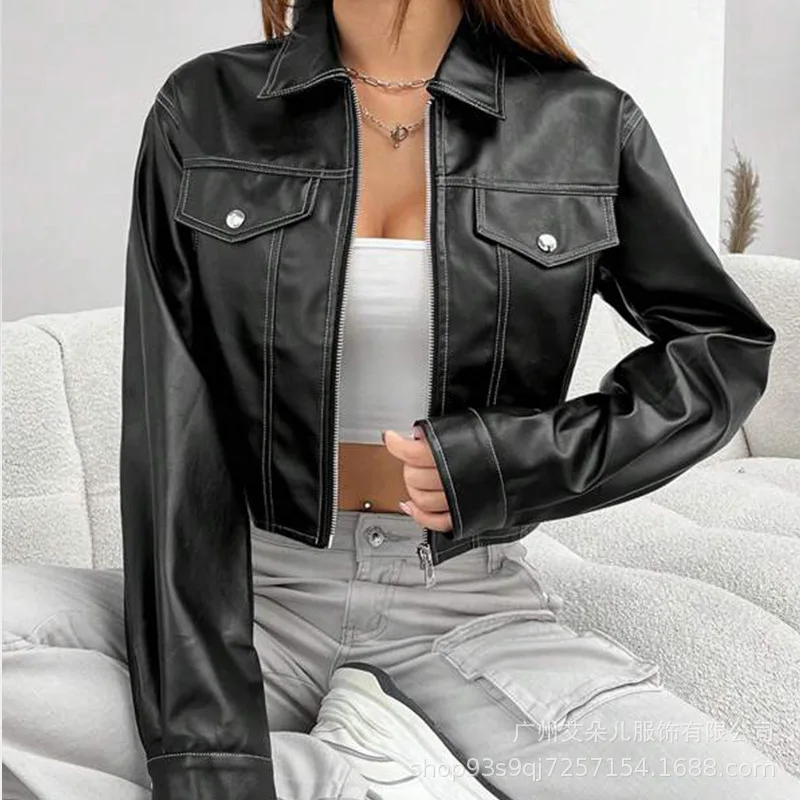 

Leather Jackets Windbreaker 2023 Autumn And Winter Women's Sexy Spicy Girl Motorcycle Wear Jacket Coat Outerwear Black Tops