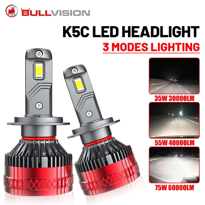Лампы для фар Bullvision K5C, H7, H11, H8, HB3, 9005, 9006, HB4, 9012, HIR2, H9, H16, 6000 лм, 35 Вт, 55 Вт, 75 Вт, CAN-шина без ошибок, переключаемые, K