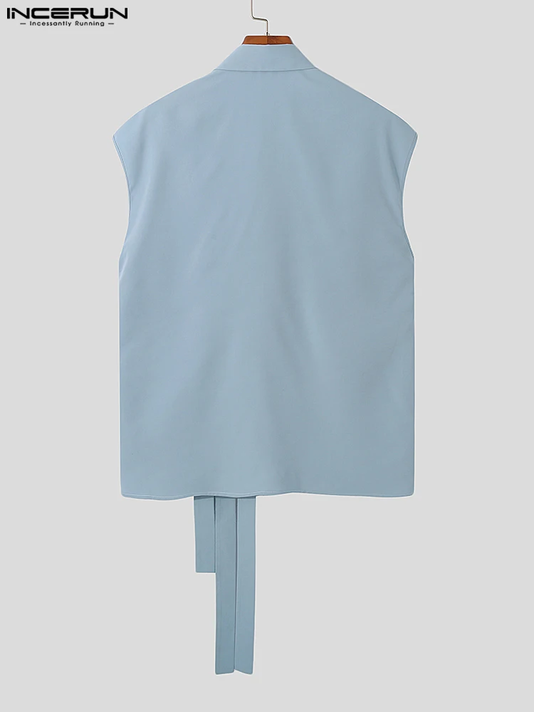 Fashion Casual Style New Men Tops INCERUN Splicing Blouse Stylish Male Hot Sale Solid Ribbon Button Sleeveless Shirts S-5XL 2022