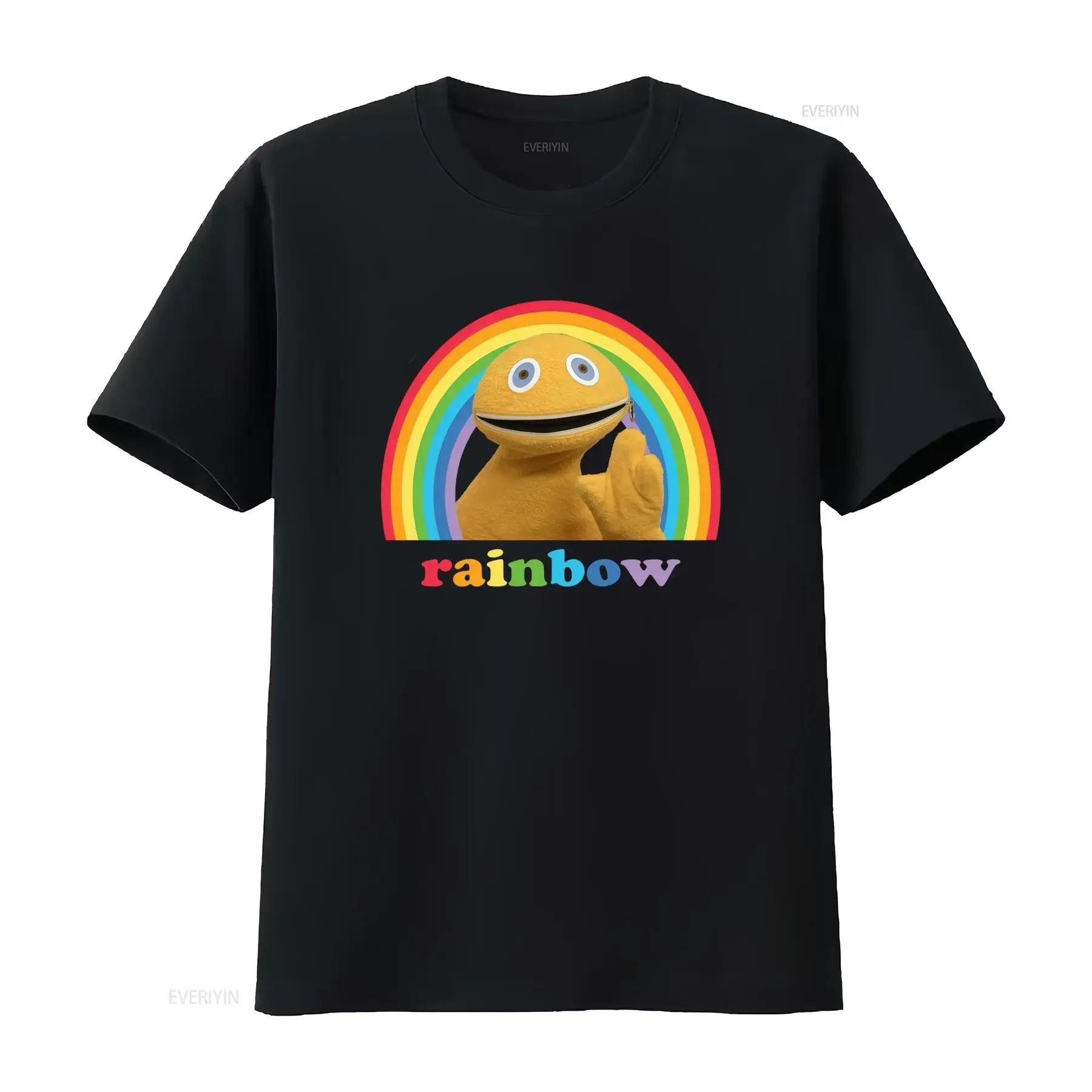 Фото Футболка Zippy Rainbow с культовым логотипом, повседневный дизайн с круглым вырезом, вдохновленный стилем, для круглогодичной носки, машинная стирка, черный винтажный цвет. №1
