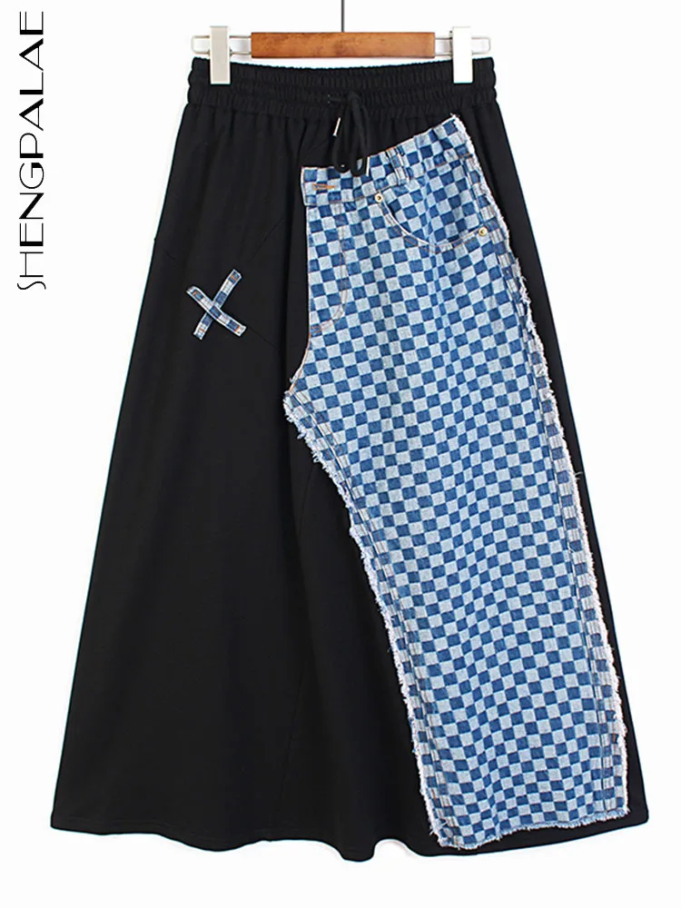

SHENGPALAE Streetwear Lace Up Elastic High Waist Loose Asymmetric Plaid Print Denim Patchwork Female Skirts 2022 Summer New 5Q60
