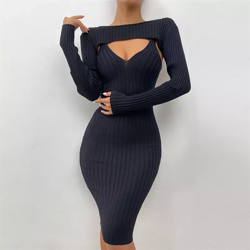 

Knitted Sweater Dress 2 Piece Set Women Fall Winter Slim Fit Long Sleeve Pullovers Crop Tops V-neck Knee Length Dress