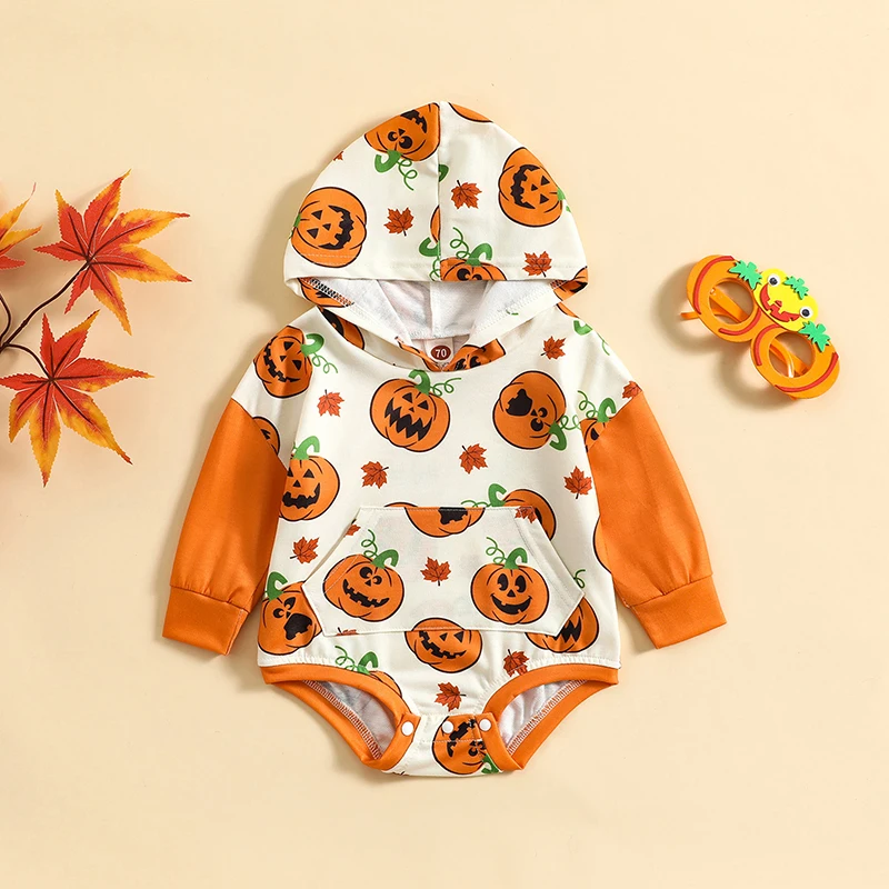 

Infant Baby Halloween Romper Girl Boy 0-24Months Long Sleeves Hood Cartoon Pumpkin Print Jumpsuit with Pocket