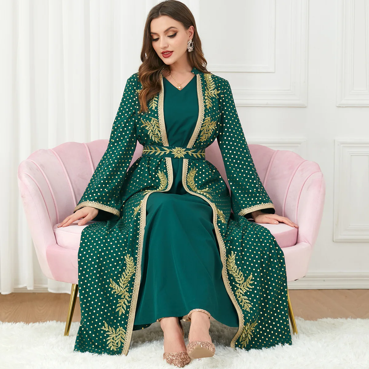 Luxury Green Muslim Set for Women Ramadan Arabic Femme Embroidery Abaya Dress Islamic Jalabiya Clothing Turkey Moroccan Kaftan