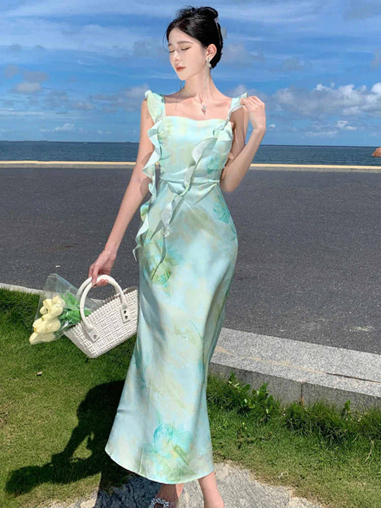 

Французское элегантное атласное платье с оборками на завязках, женское облегающее вечернее платье-карандаш без рукавов с квадратным вырезом, платье