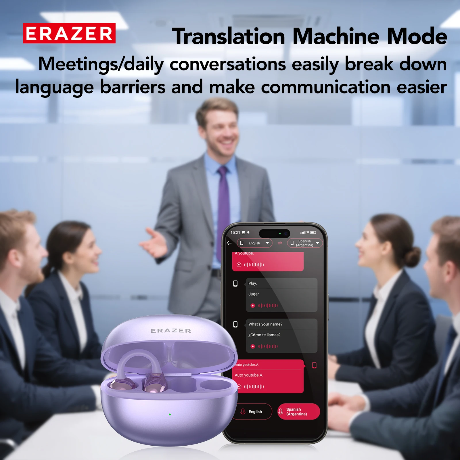 Фото Беспроводные наушники Erazer XF36 с AI-переводом, открытой конструкцией, комфортной посадкой, стереозвуком и объемным звучанием для спорта, путешествий и офиса №5