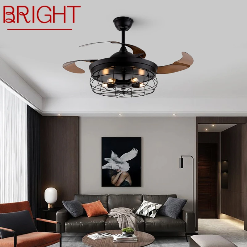 

BRIGHT Retro Ceiling Fan Light Industrial LED Black Metal Lamp with Remote Control For Home Bedroom Loft
