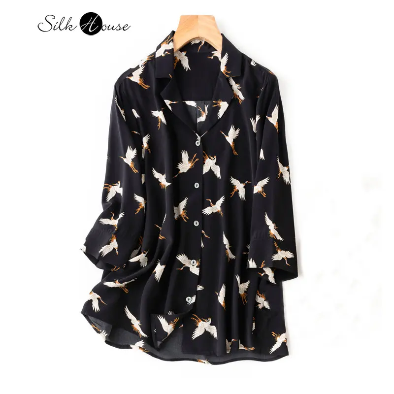 

Chinese Crane Print V-neck Suit Collar Vintage Silk Crepe De Chine Silk Medium Sleeve Shirt Top 2023 Women's Fashion New Style