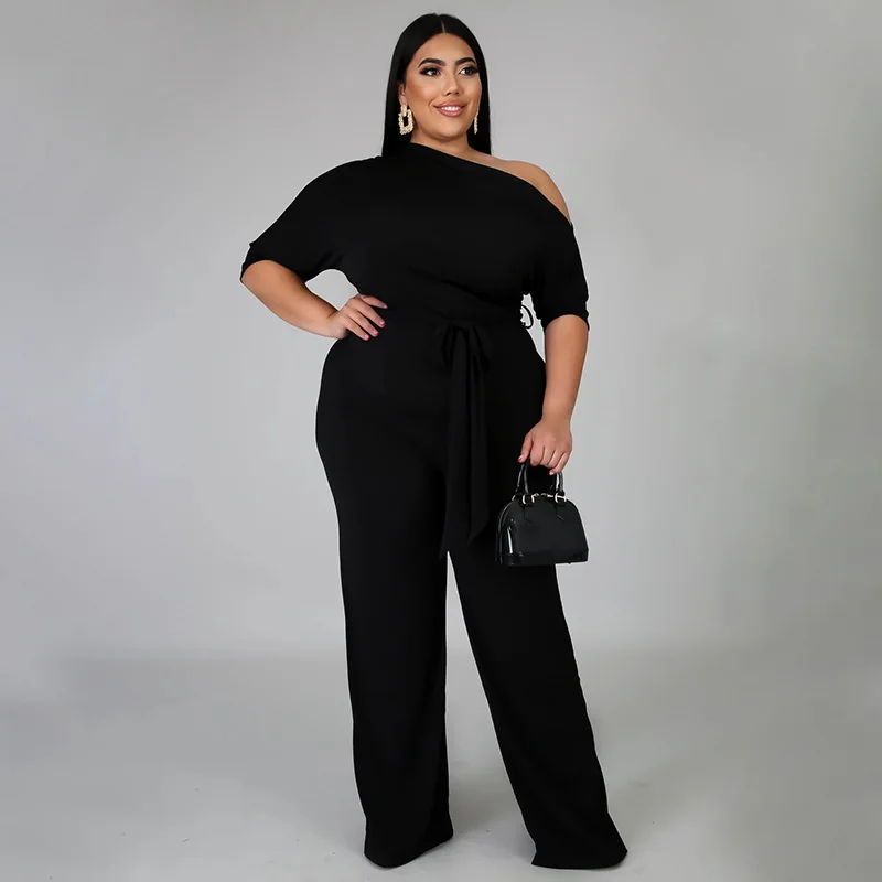 Plus Size Elegant Party Jumpsuit For Women Solid One Piece Outfit 2022 Fall Female Belt Jumpsuit Lady Designer Wide Leg Pants