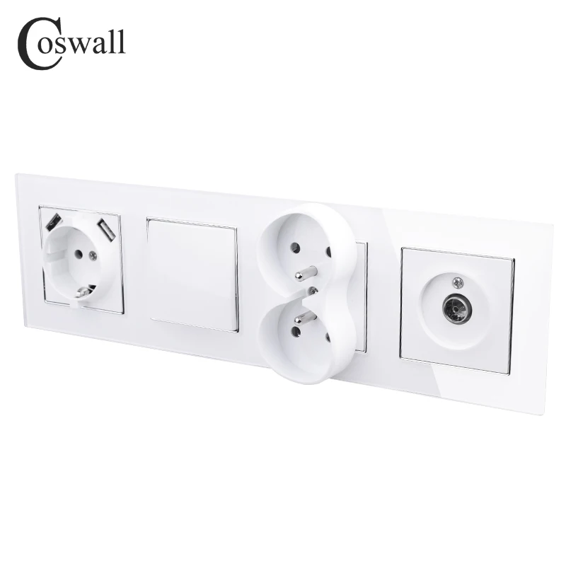 Настенный выключатель света с белой стеклянной панелью COSWALL серии D1 розетка