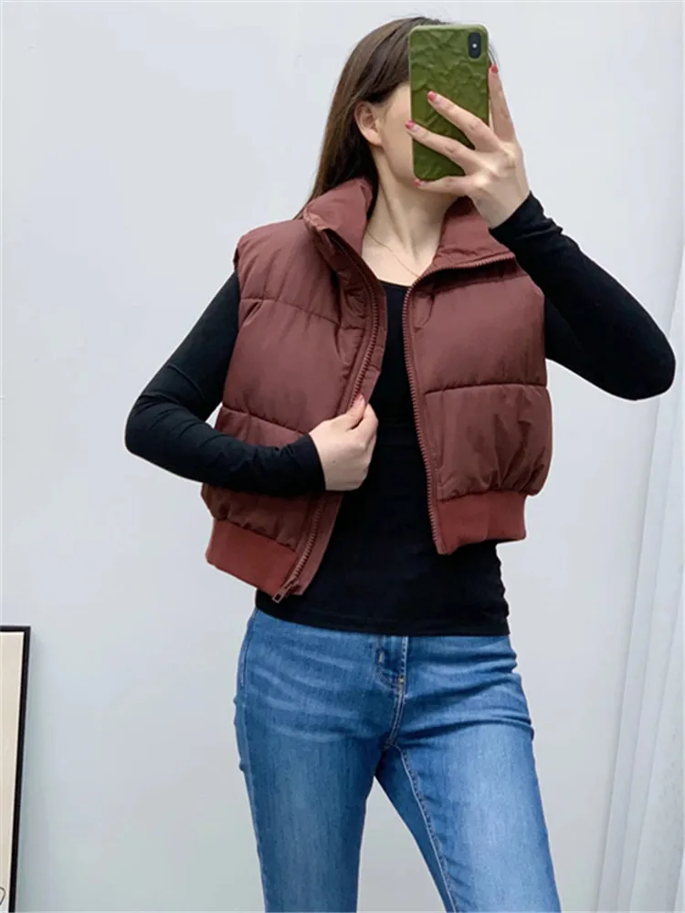 

PB&ZA autumn new women's fashion all-match solid color stand collar sleeveless zipper closure loose cotton vest vest 3427/716