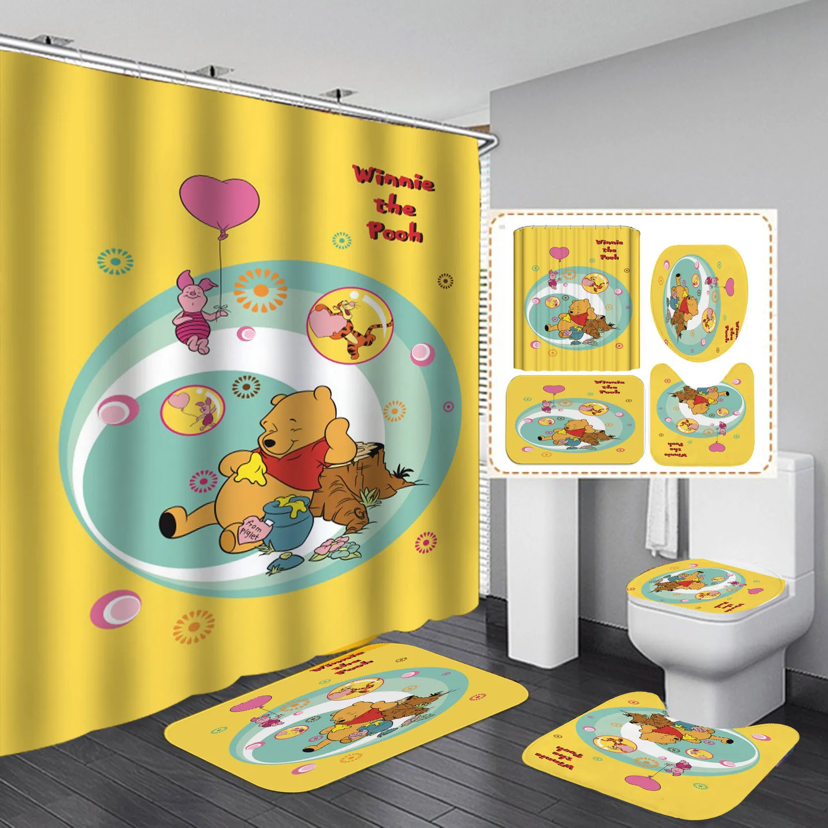 

Disney Winnie The Pooh Bear Mickey Mouse Minnie Shower Curtain Set Toilet Cover Rug Carpet Non-slip Bath Mat Board Bathroom