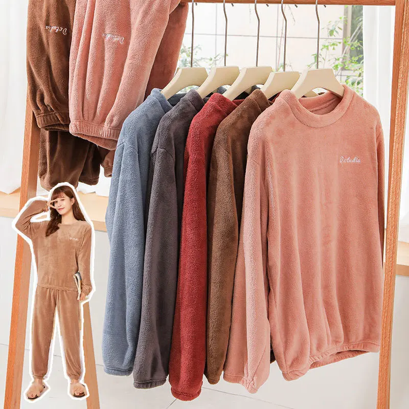 Flannel Women Pajamas Sets Warm Thick Coral Velvet Long Sleeve Cartoon Sleepwear 2022 Autumn Winter Home Wear Couples Nightwear