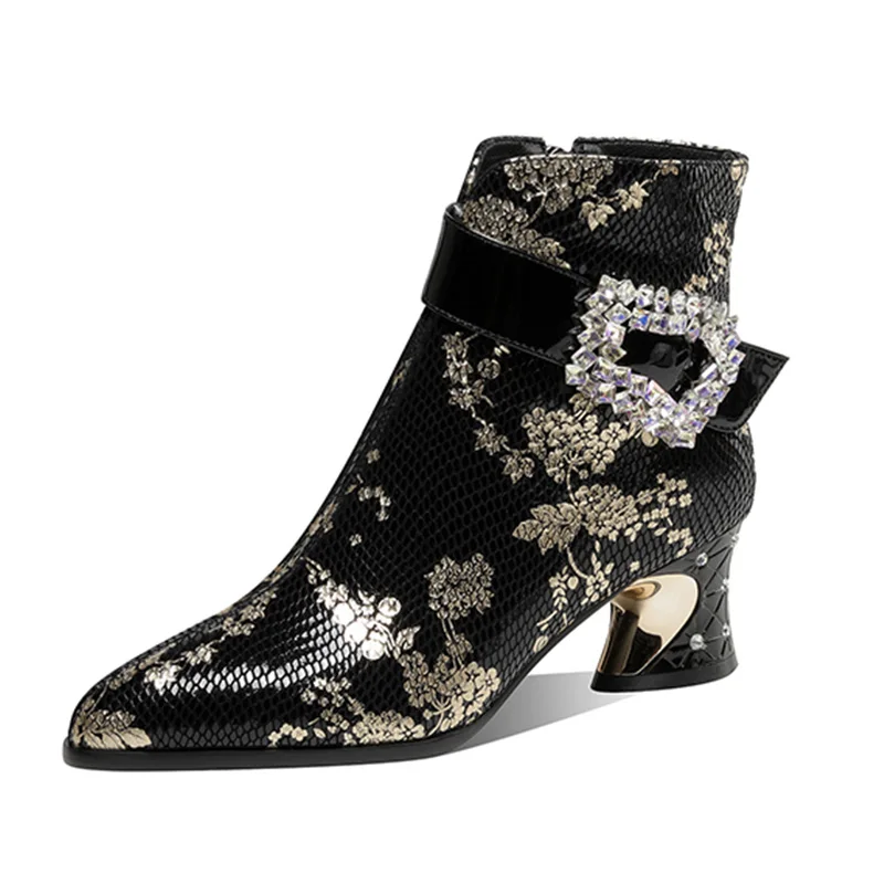 

(YYDD) Autumn Winter Genuine Leather Bling Crystal Elegant Design Ankle Women's Boots High Heels Shoes Party Plus Size33-43