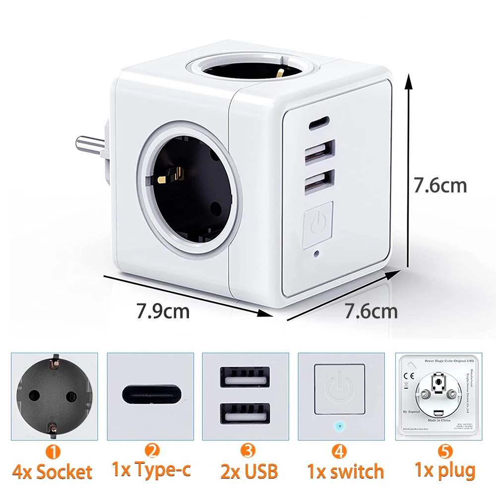 

Cube Charger USB Power Strip With Switch Type C Socket Power Cube Strips Plug Smart Outlet Extension Socket Adapter European