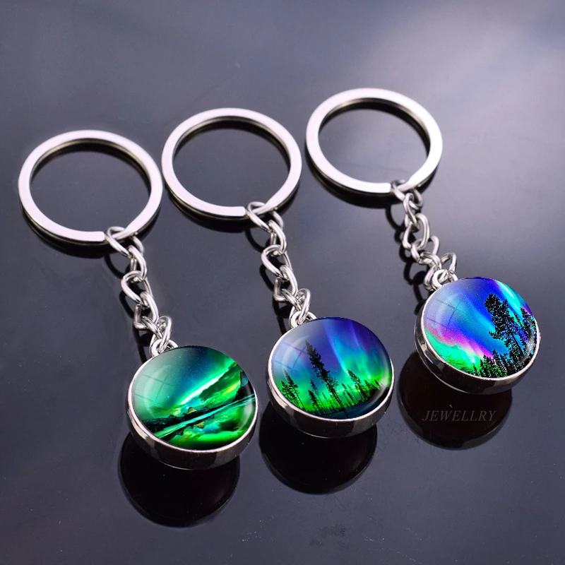 

Northern Lights Keychain Glass Ball Cabochon Jewelry Crystal Ball Charm Pendant Double Sided Handmade Keyring Gifts Dropshipping