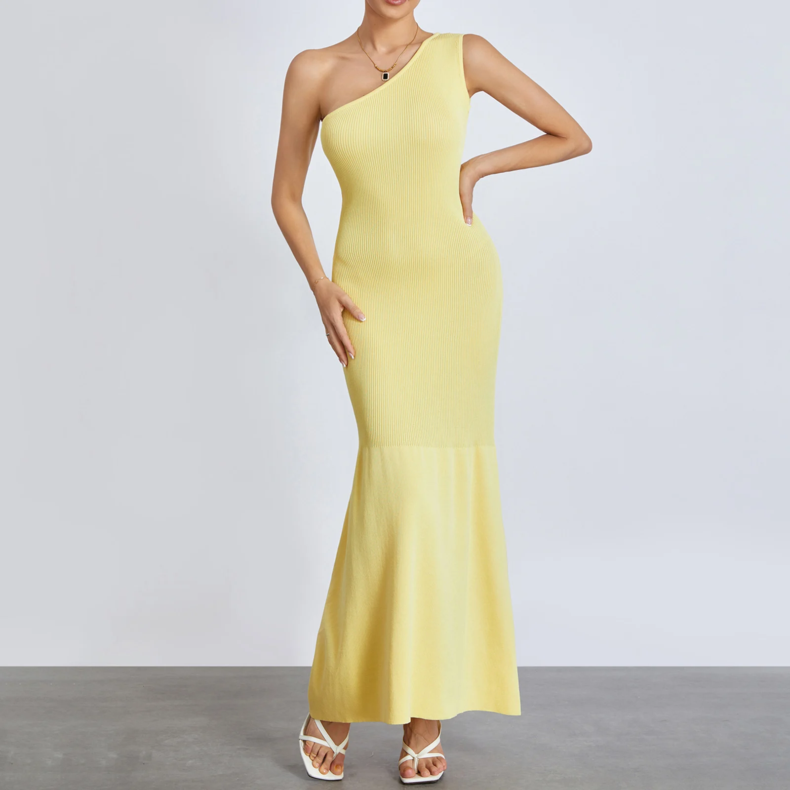 

Шикарное длинное облегающее платье, однотонное платье без рукавов на одно плечо, женское летнее трикотажное облегающее платье в рубчик, трикотажное Клубное платье