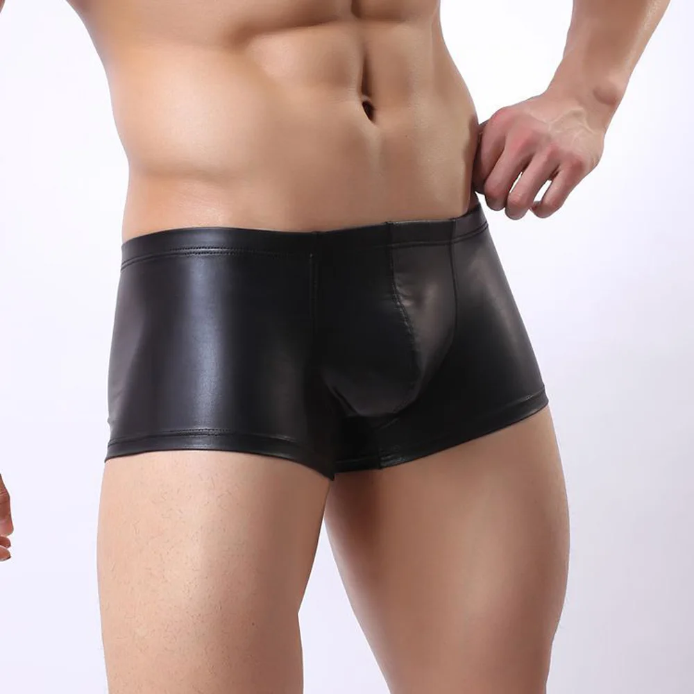 

Men's Erotic Appeal Sexy Leather Tight Boxer Briefs Knickers Underwear Shorts U Convex Pouch Underpant Sleep Bottoms Panties