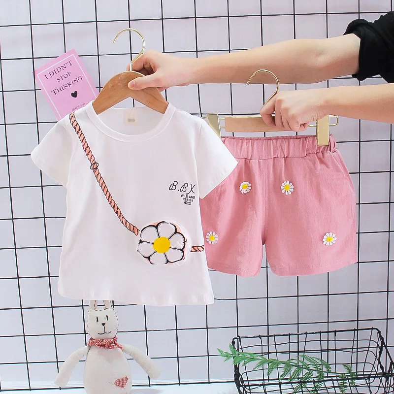 Children's and girls' clothing summer short-sleeved T-shirt pants 2 sets of sunflower bag design baby clothing children's