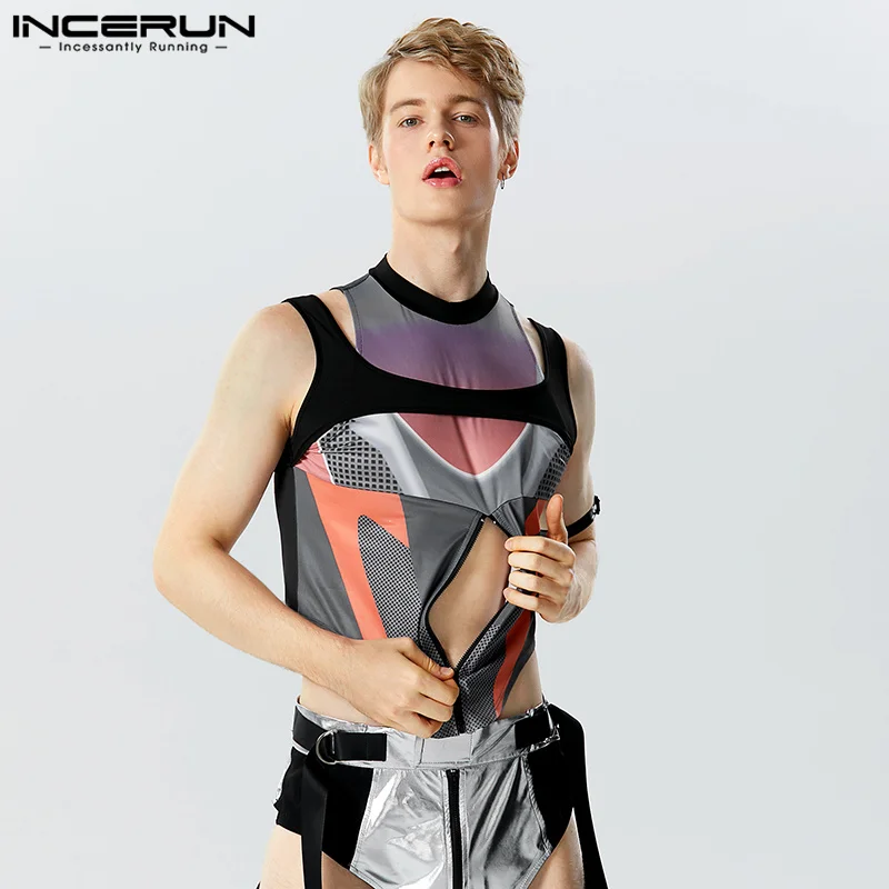 

2023 Men Irregular Tank Tops Print Patchwork O-neck Sleeveless Streetwear Hollow Out Vests Summer Fashion Male Crop Tops INCERUN