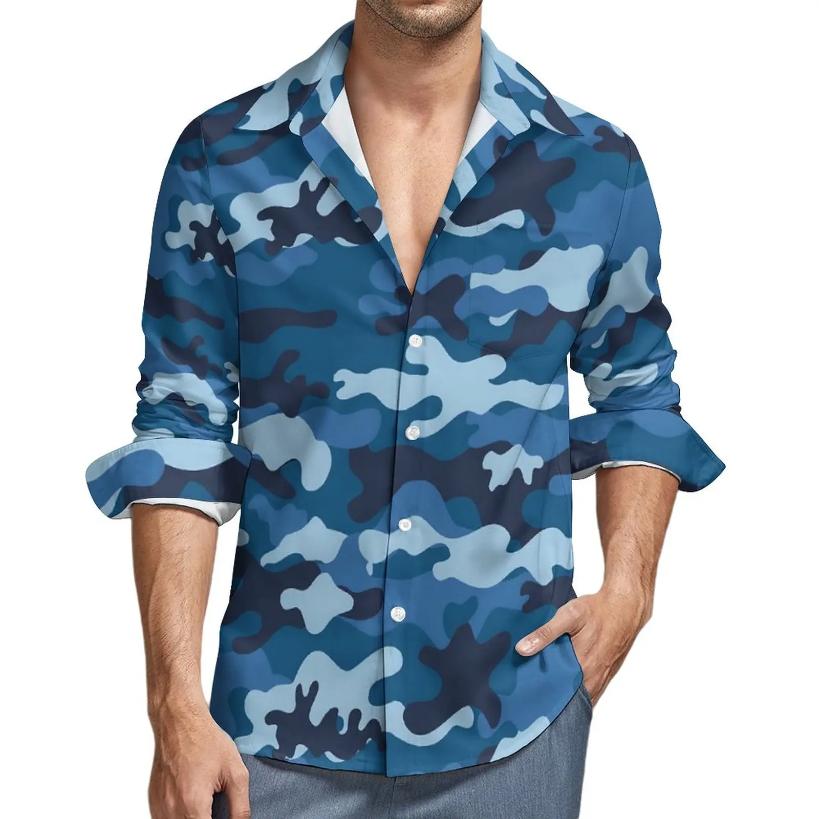 

Рубашка мужская камуфляжная с длинным рукавом, Повседневная Блузка в стиле милитари, уличный стиль, синяя, большие размеры, на весну