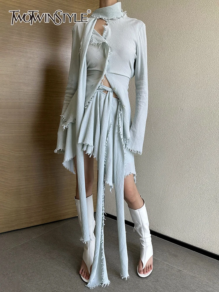 

TWOTWINSTYLE Solid Casual Two Piece Sets For Women Scarf Collar Long Sleeve Tops High Waist Spliced Folds Skirt Slim Set Female
