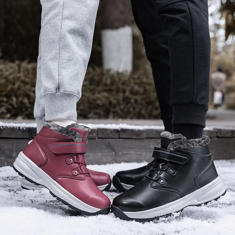 New Men Boots Fashion Leather High Top Sneakers Men Winter Waterproof Snow Boots Women Plush Warm Non-silp Hiking Shoes Men 2022