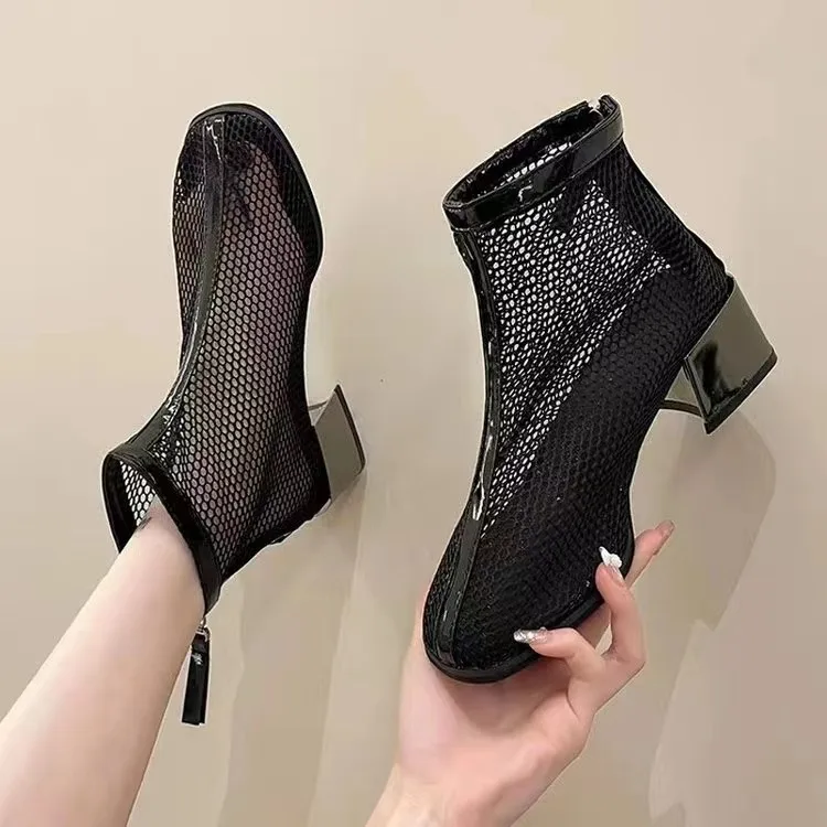 

2023 New Air Mesh Net Bling Women Shoes Summer Ankle Boots Thin High Heels Sexy Sandal Chelsea Boots Female
