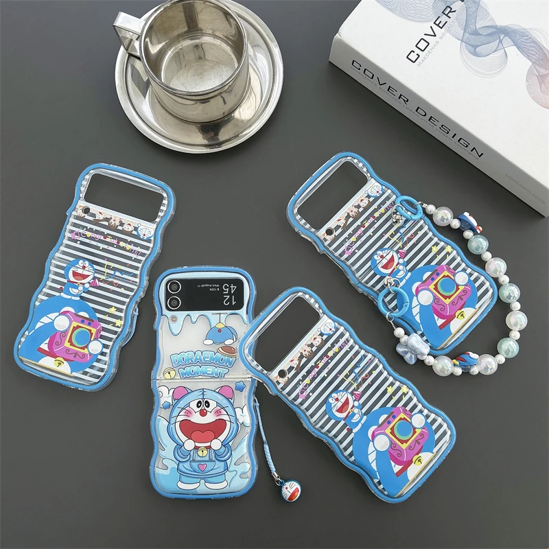

Cute Anime Doraemon Purple Phone Case For Samsung Galaxy Z Flip 3 4 5 5G ZFlip3 ZFlip4 Flip3 Flip4 ZFlip5 Transparent Cover