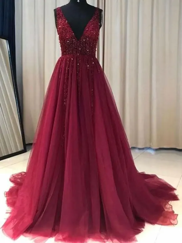 

Verngo Dark Burgundy Red Glitter Tulle Prom Dresses V Neck Sweep Train Women Formal Evening Gowns Celebrity Dress Vestidos