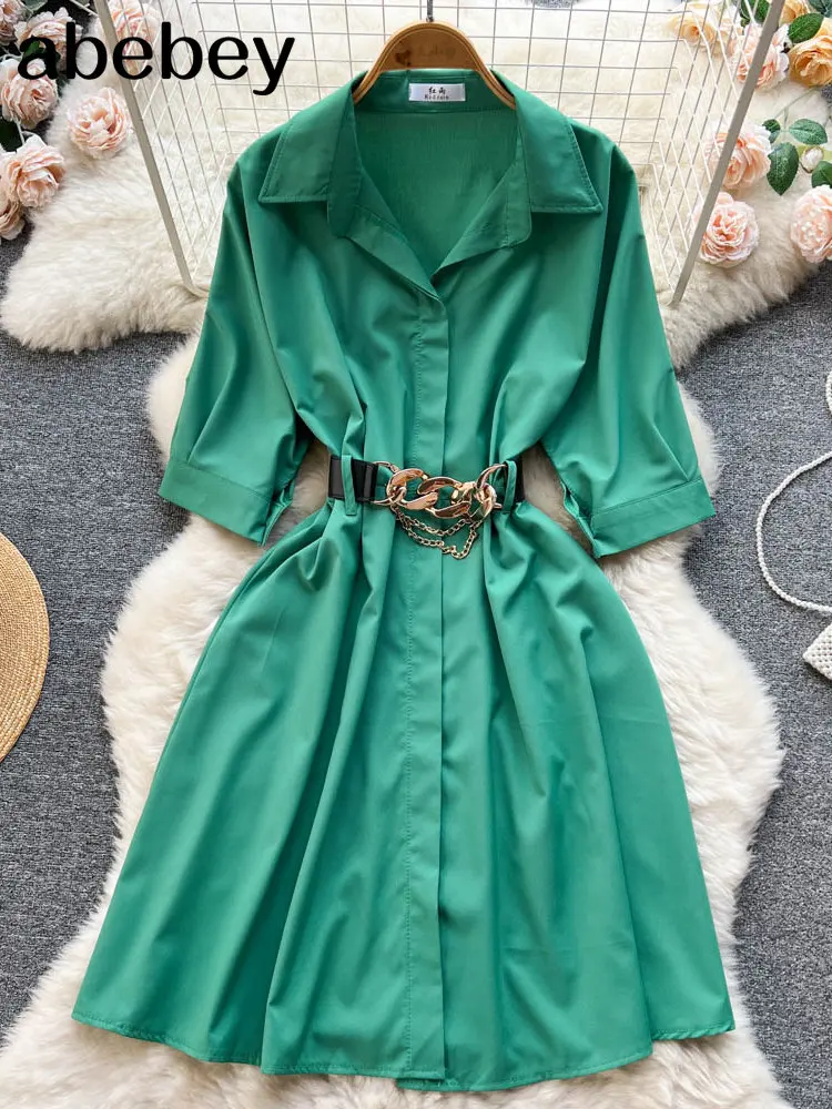 

Shirts Dresses for Women 2022 Summer Turn-down Collar Office Lady Straight Sashes Mini Dress Women White Vintage Dresses Clothes