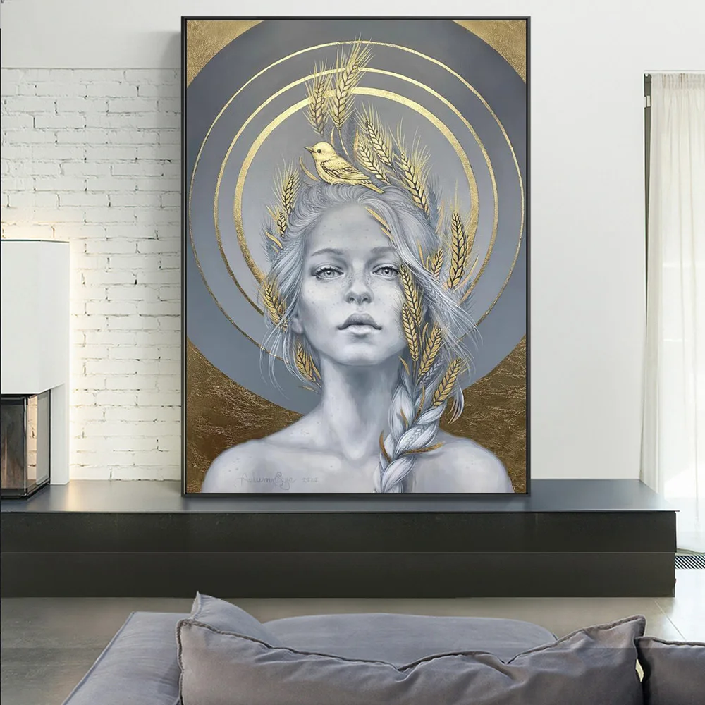 

The Goddess Of Harvest Canvas Wall Art Poster And Prints Golden Wheat Home Decor Woman Portrait Oil Painting For Living Room