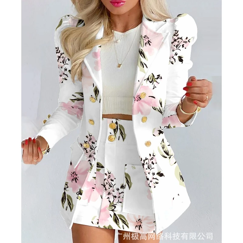 

Women Slim-Fit Printed 2-Piece Suit Women's Puff Sleeve Double-Breasted Cardigan Jacket High Waist Pocket Stitching Skirt Suit