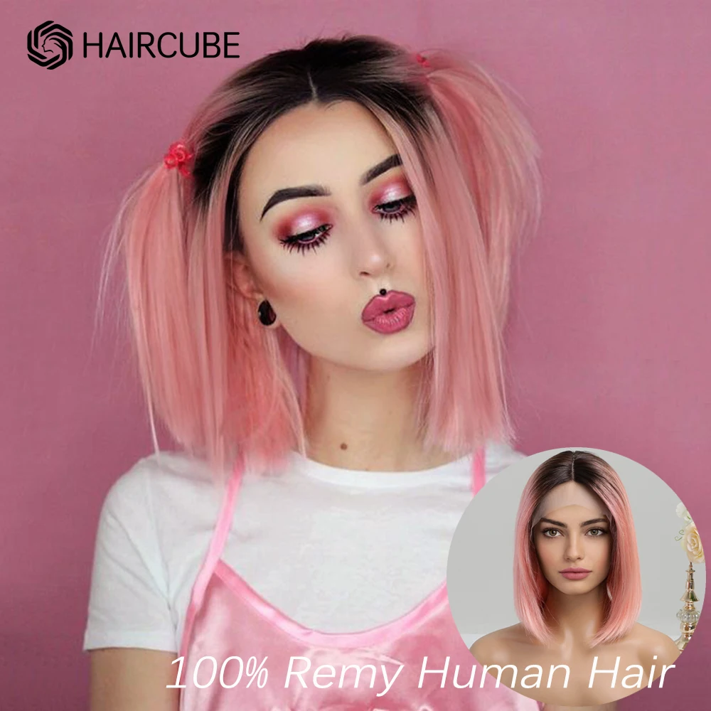 

HAIRCUBE 12 inch Shoulder Length Bob Human Hair Wig Ombre Pink 13×5×1Lace Front Wigs Remy Hair Middle Part Lace Wigs for Women