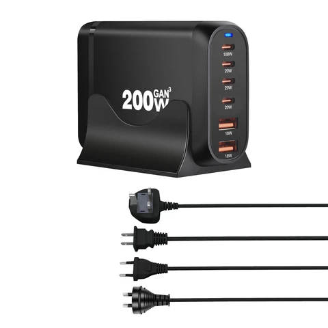 Настольное Зарядное Устройство GaN Мощностью 200 Вт, 6 Портов USB Type C PD, Быстрая Зарядка 3.0
