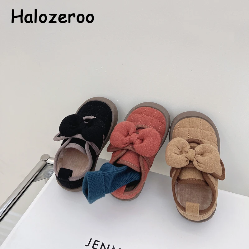 

Кроссовки детские зимние с бантом, повседневные холщовые, Брендовые спортивные, для маленьких принцесс