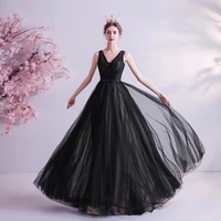 black womens evening dresses illusion a line v neck sleeveless beading pleat lace tulle backless floor length formal prom gown
