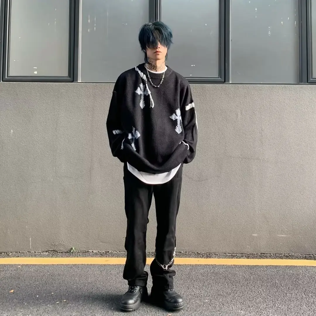 Abfer Autumn Winter Vintage Knitted Sweater Men High Street Cross Gothic Pullover Male Hip Hop Sweaters Casual Oversized Jumper