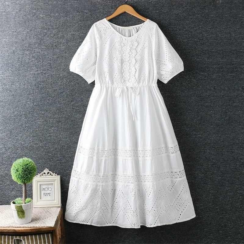 

Bohemian Long White Dress Femme Elegant Cotton Clothes Round Neck Hollow Out Embroidery Dresses For Woman Casual Elegant Vestido
