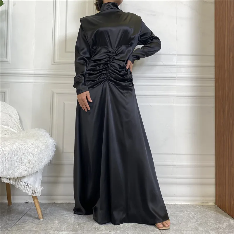 Muslim Long Dress Hijab Abaya for Women Stand Collar Thick Satin Ruched Evening Dresses Eid Ramadan Dubai Turkish Modest Abayas